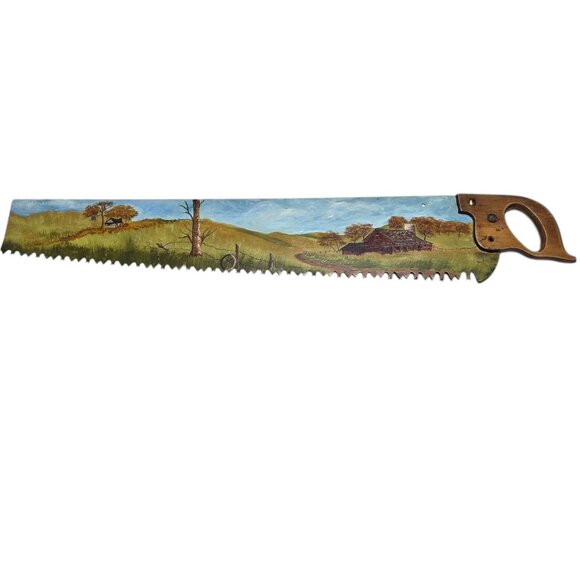 Antique Hand Saw Folk Art Rustic Countryside Scene Hand Painted Wall Decor - Picture 11 of 16